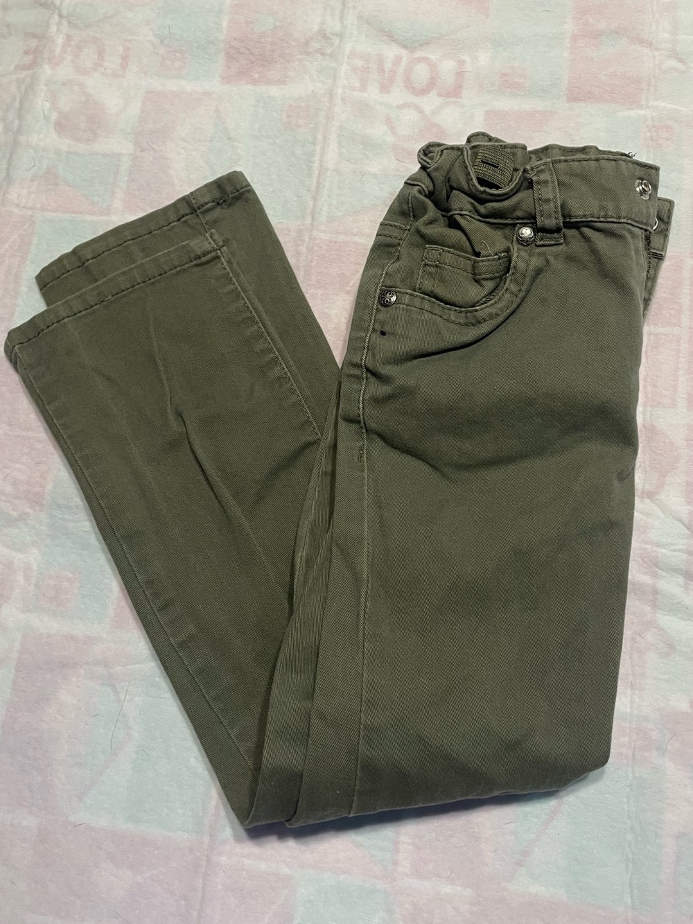Girls Olive Army Green Skinny Pants With Adjustable Waistband